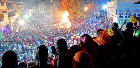 Aerial view of Holika Dahan at Sale Ki Holi Chowk in Bikaner.