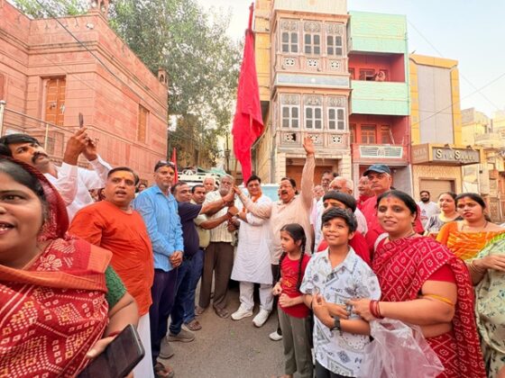 A group of pilgrims set out on foot from Bikaner to visit the Shri Sachchiyay Mataji Temple in Osian.